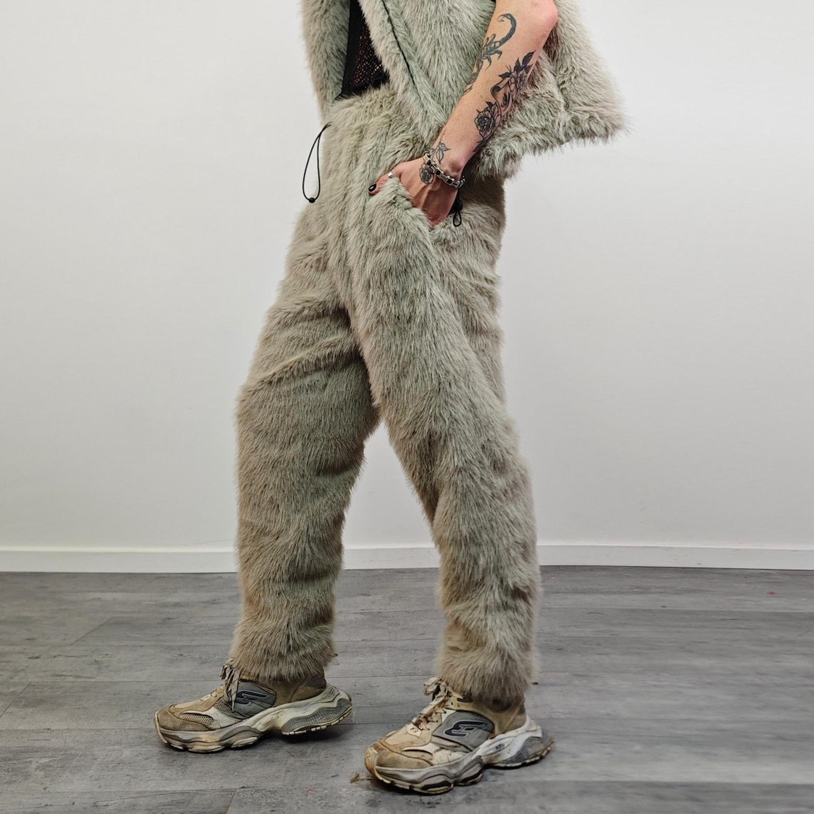 Gray faux fur joggers ski pants shaggy trousers mountain trip bottoms fuzzy winter festival overalls rave fit jumpsuit carnival fleece set