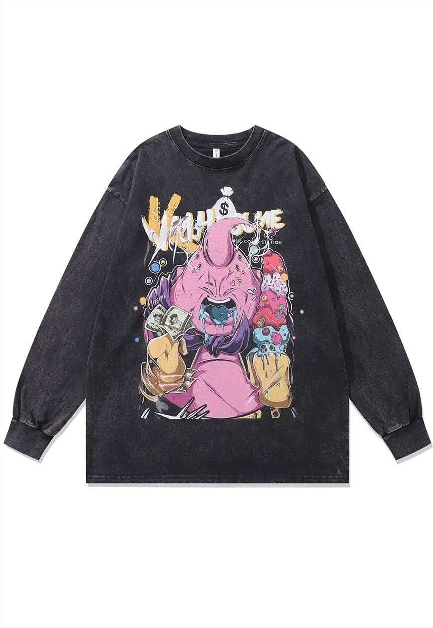 Anime t-shirt vintage wash Dragon Ball top long tee grey