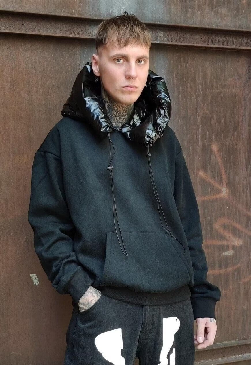 Technical padded hoodie velvet look rave hooded jumper black