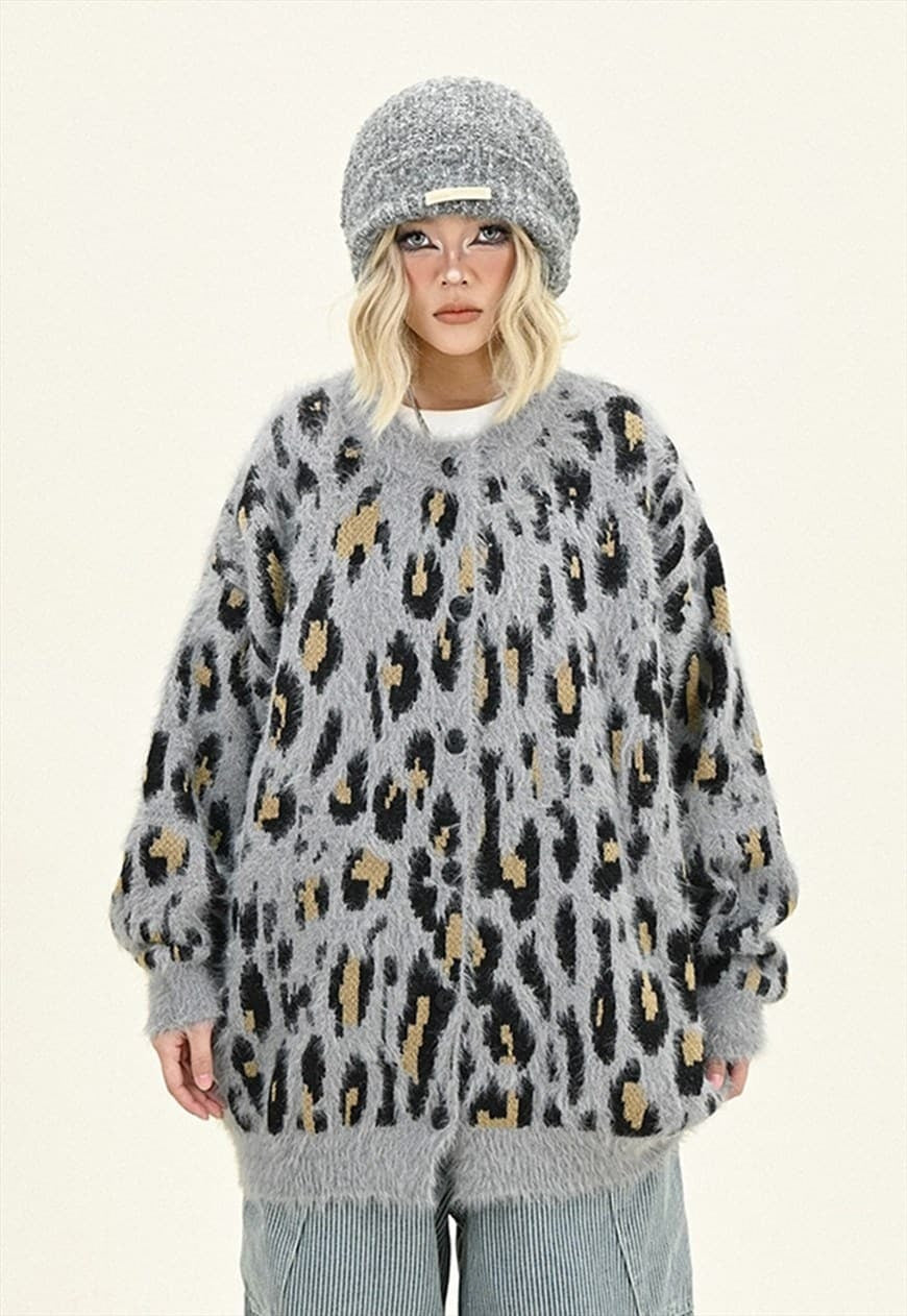 Fluffy leopard cardigan animal print fuzzy jumper in grey