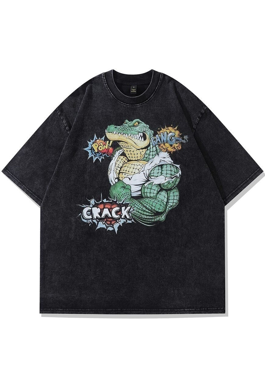 Crocodile print t-shirt alligator tee retro cartoon top grey