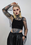 Netted mesh top diamante transparent glitter t-shirt black