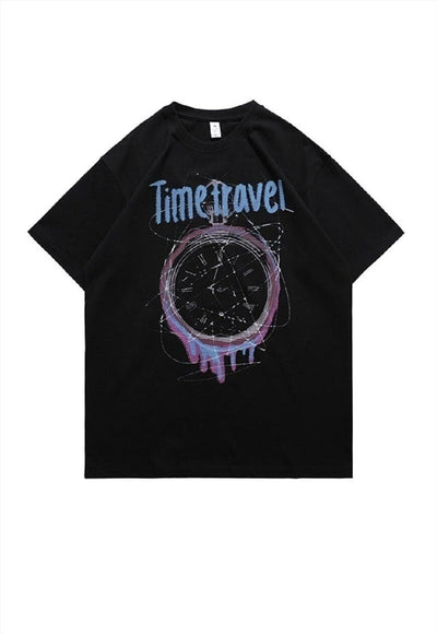 Clock print t-shirt time travel tee grunge top in black