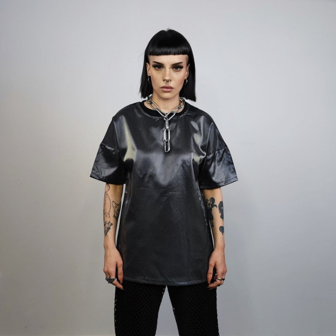 Silver t-shirt shiny metallic top going out thin tee luminous short sleeve jumper summer party shirt cyber punk pullover in grey