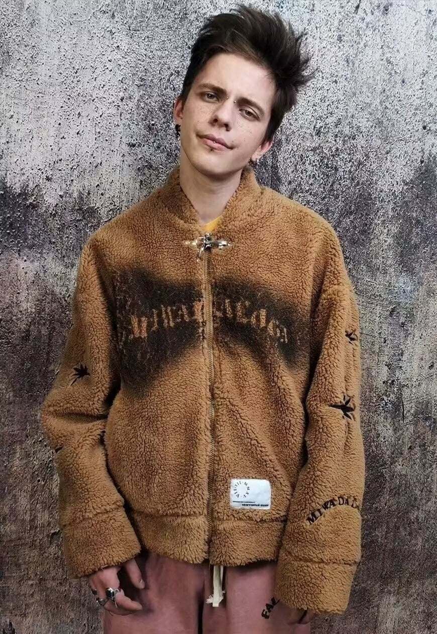 Graffiti fleece varsity jacket fluffy punk bomber coat brown
