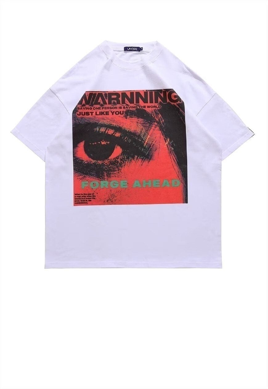 Warning print t-shirt stared eye tee punk poster top white