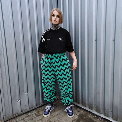 Festival stripe fleece joggers zebra pants handmade zigzag faux fur raver trousers premium party overalls in green black