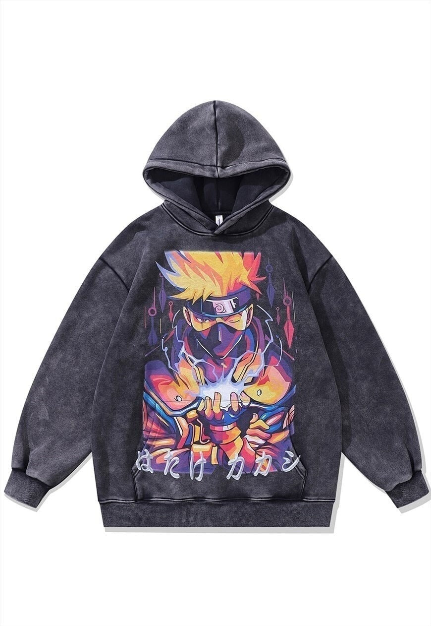 Anime print hoodie pullover vintage wash jumper grey