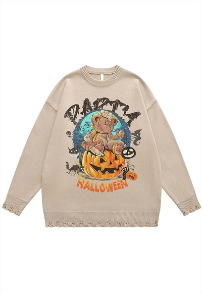 Halloween sweater pumpkin knit distressed jumper in beige