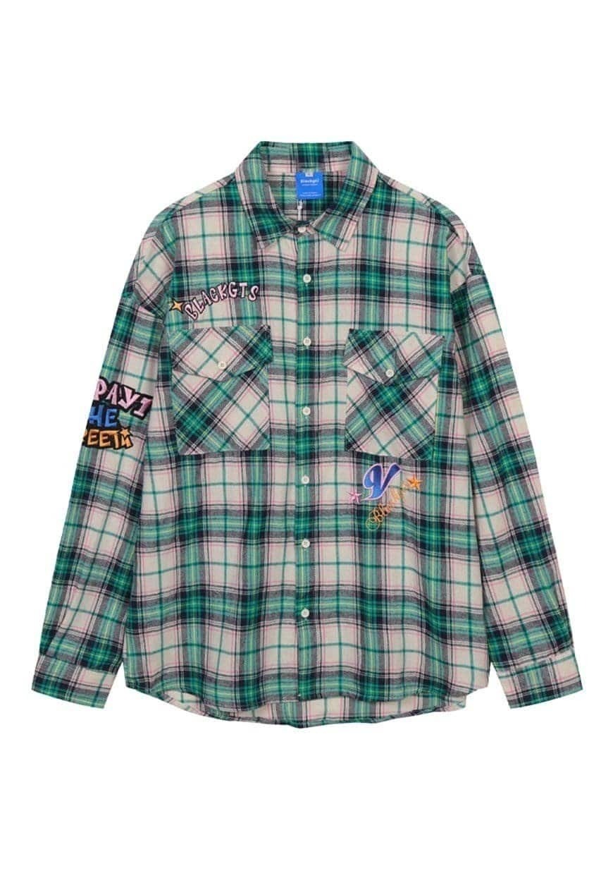 Retro check shirt long sleeve vintage wash top in green