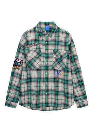 Retro check shirt long sleeve vintage wash top in green