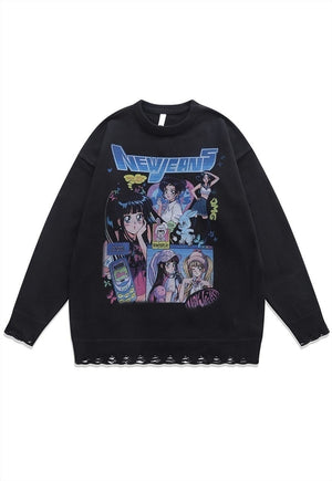 New Jeans sweater Anime knit distressed Korean jumper black