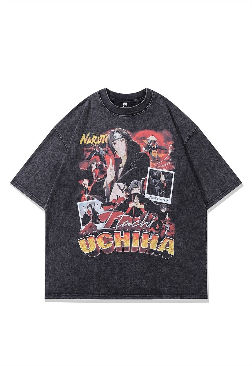 Anime t-shirt old Naruto tee retro Japanese top in acid grey