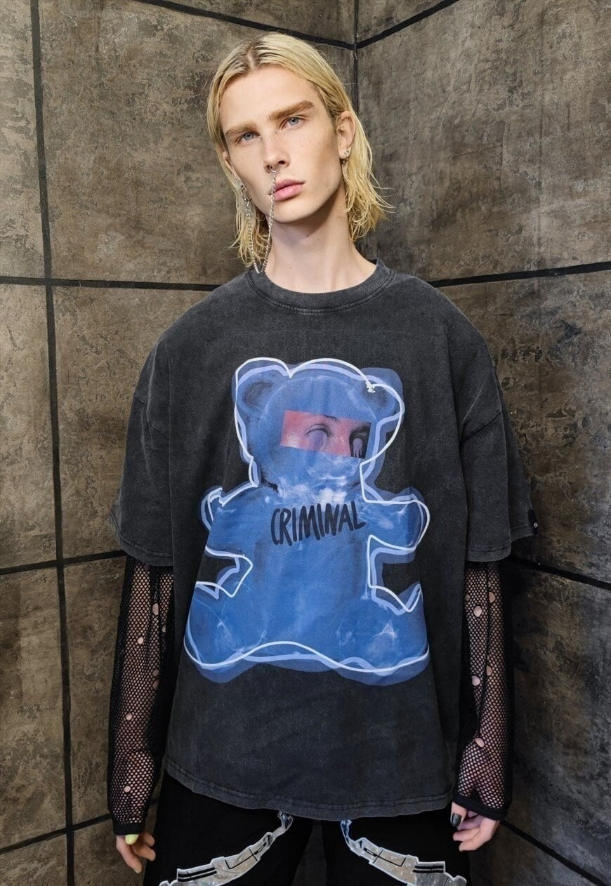 Grunge teddy t-shirt premium vintage wash bear tee in grey