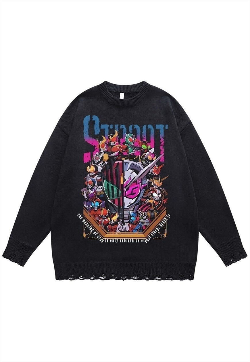 Robot sweater knitted anime jumper ripped top in black