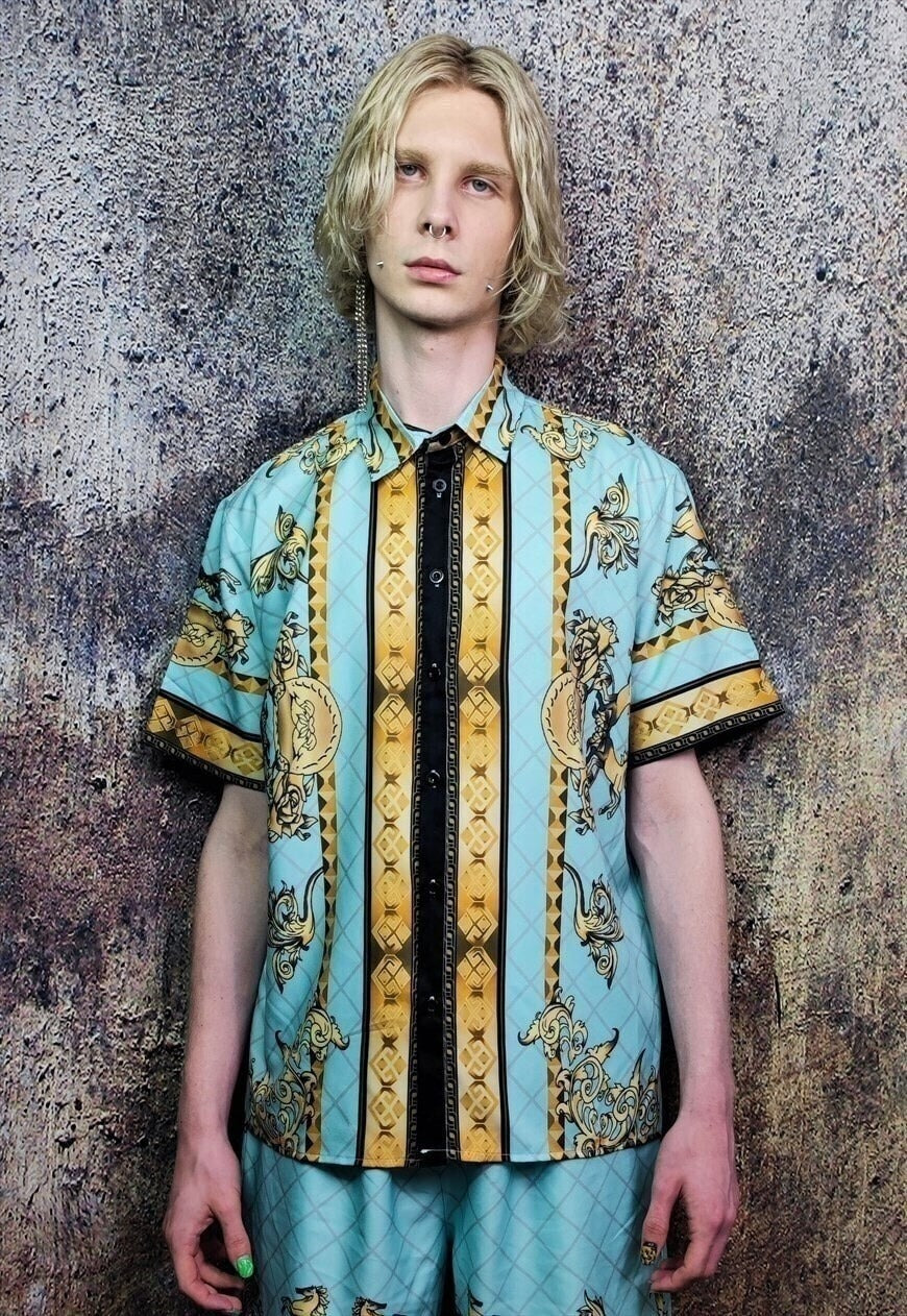 Baroque shirt golden flowers print short sleeve top in blue