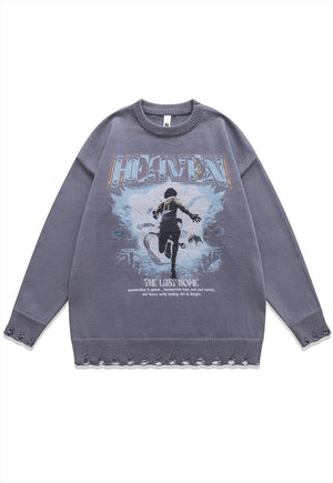 Fighter print sweater grunge knit distressed jumper in grey