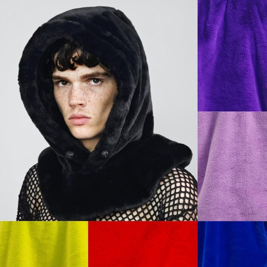 Faux fur hood black snood handmade hooded hat all over fluffy fleece scarf unisex bucket grunge headwear