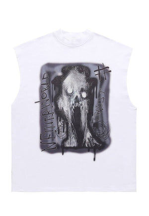 Ghost print sleeveless t-shirt retro tank top surfer vest