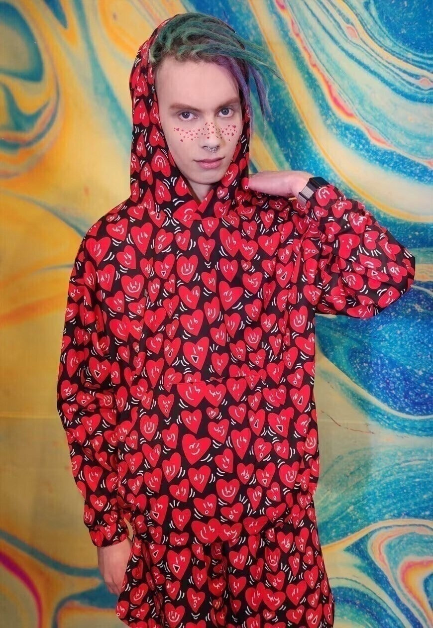 Heart print hoodie handmade love emoji pullover in red