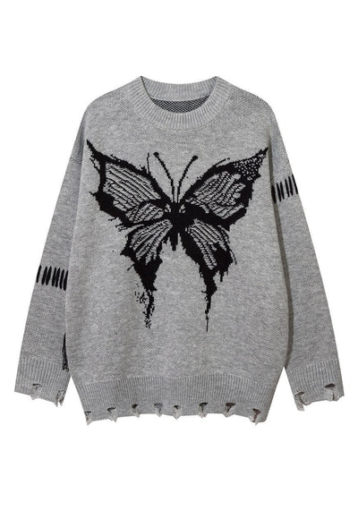 Distressed knitted jumper butterfly sweater ripped top grey