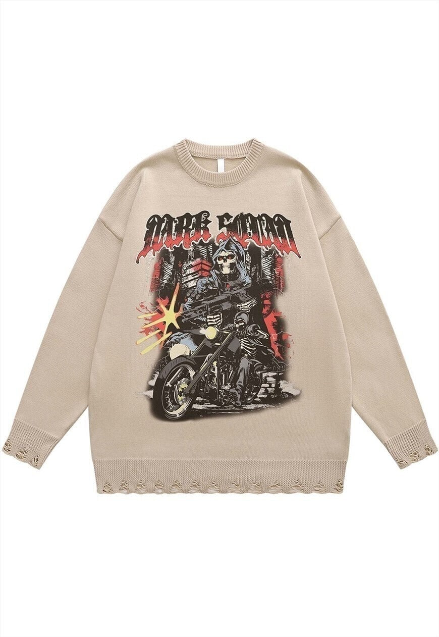 Motorcycle sweater biker print knit distressed jumper beige