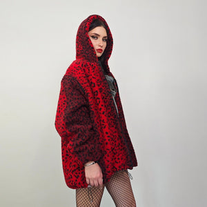 Animal print hooded jacket red leopard fleece bomber padded cheetah pullover detachable sleeves handmade top spot pattern festival overcoat