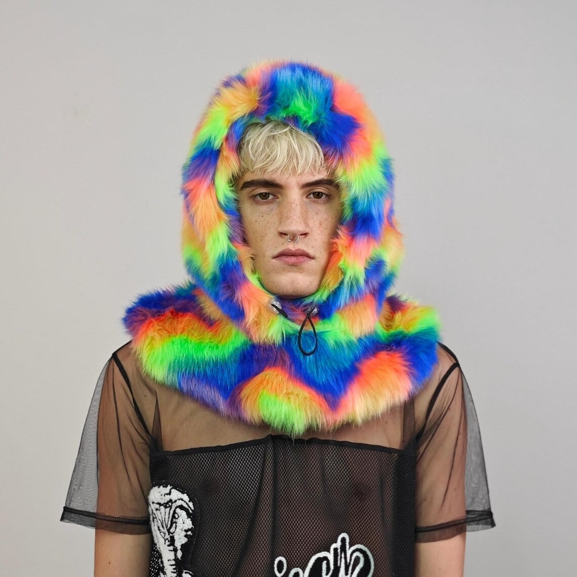 Faux fur hood rainbow snood handmade hooded unicorn hat all over fluffy rave fleece scarf unisex burning man striped bucket grunge headwear