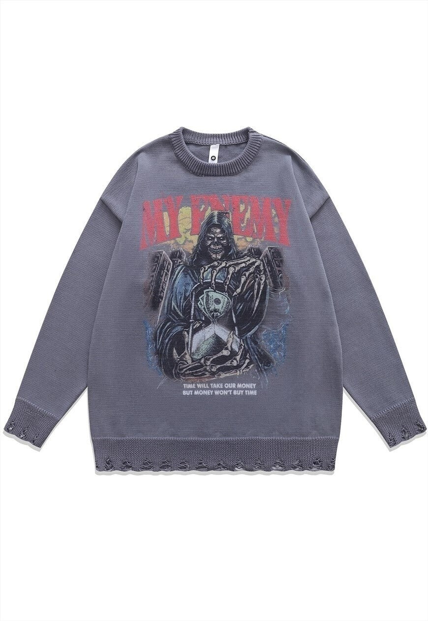 Creepy sweater skeleton knit distressed horror jumper grey