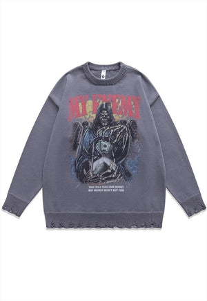 Creepy sweater skeleton knit distressed horror jumper grey