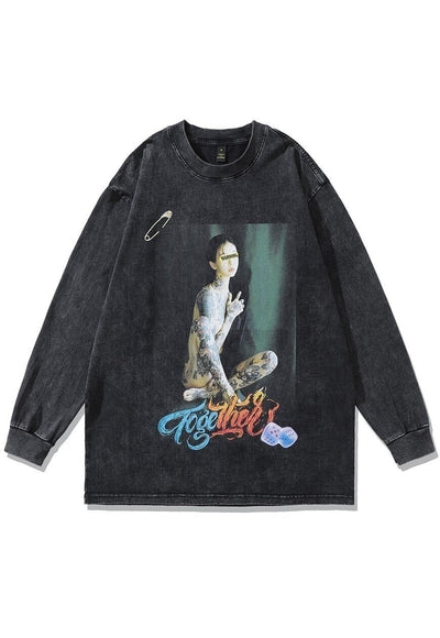 Pinup girl t-shirt tattoo print long sleeve tee acid black