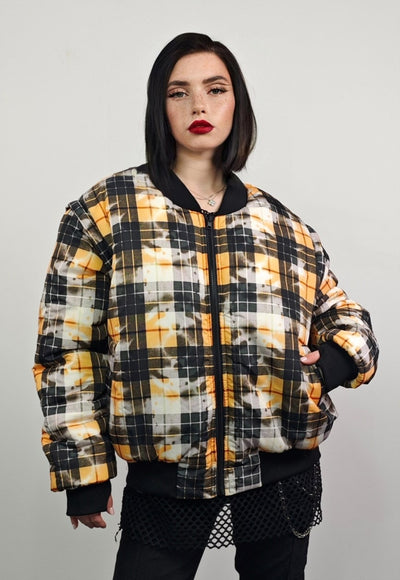 Tie-dye tartan varsity jacket yellow check reversible bomber