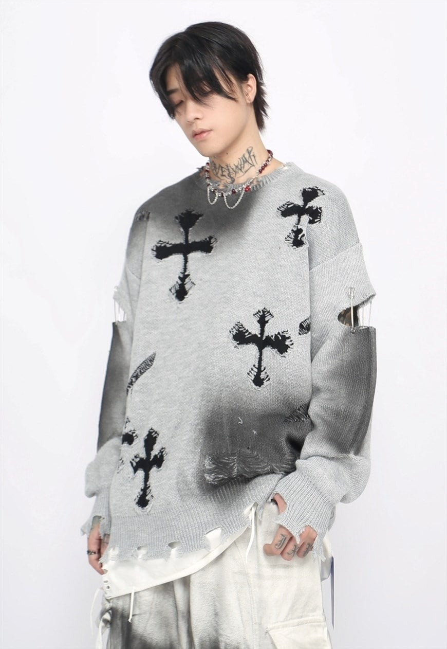 Cross patch sweater grey ripped goth jumper grunge rock top