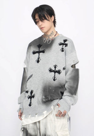 Cross patch sweater grey ripped goth jumper grunge rock top