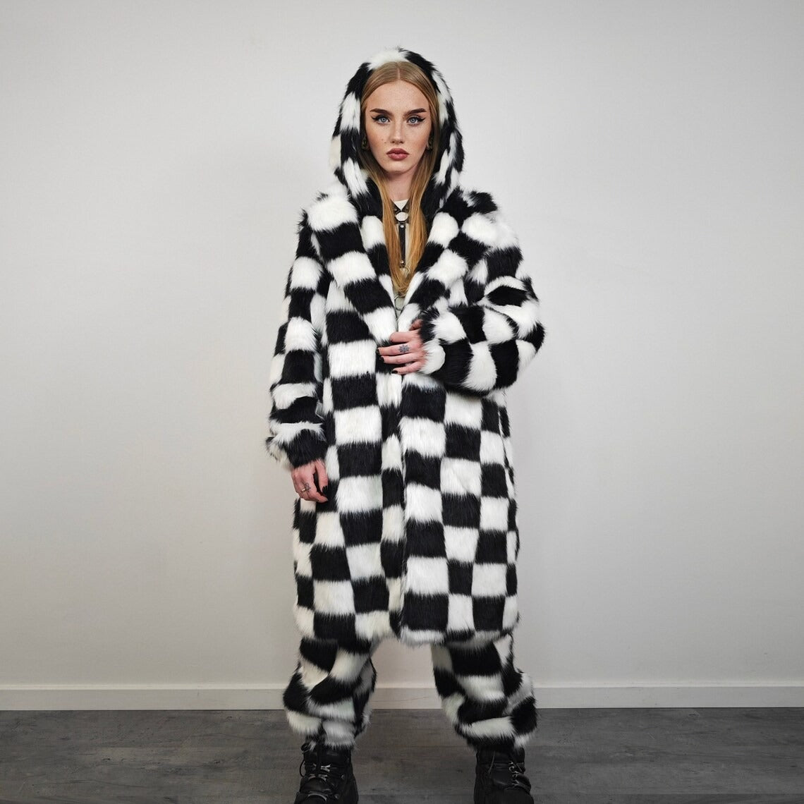 SKA check fur coat plaid long trench chequered gothic overcoat chess pattern bomber festival geometric jacket customizable geometric peacoat