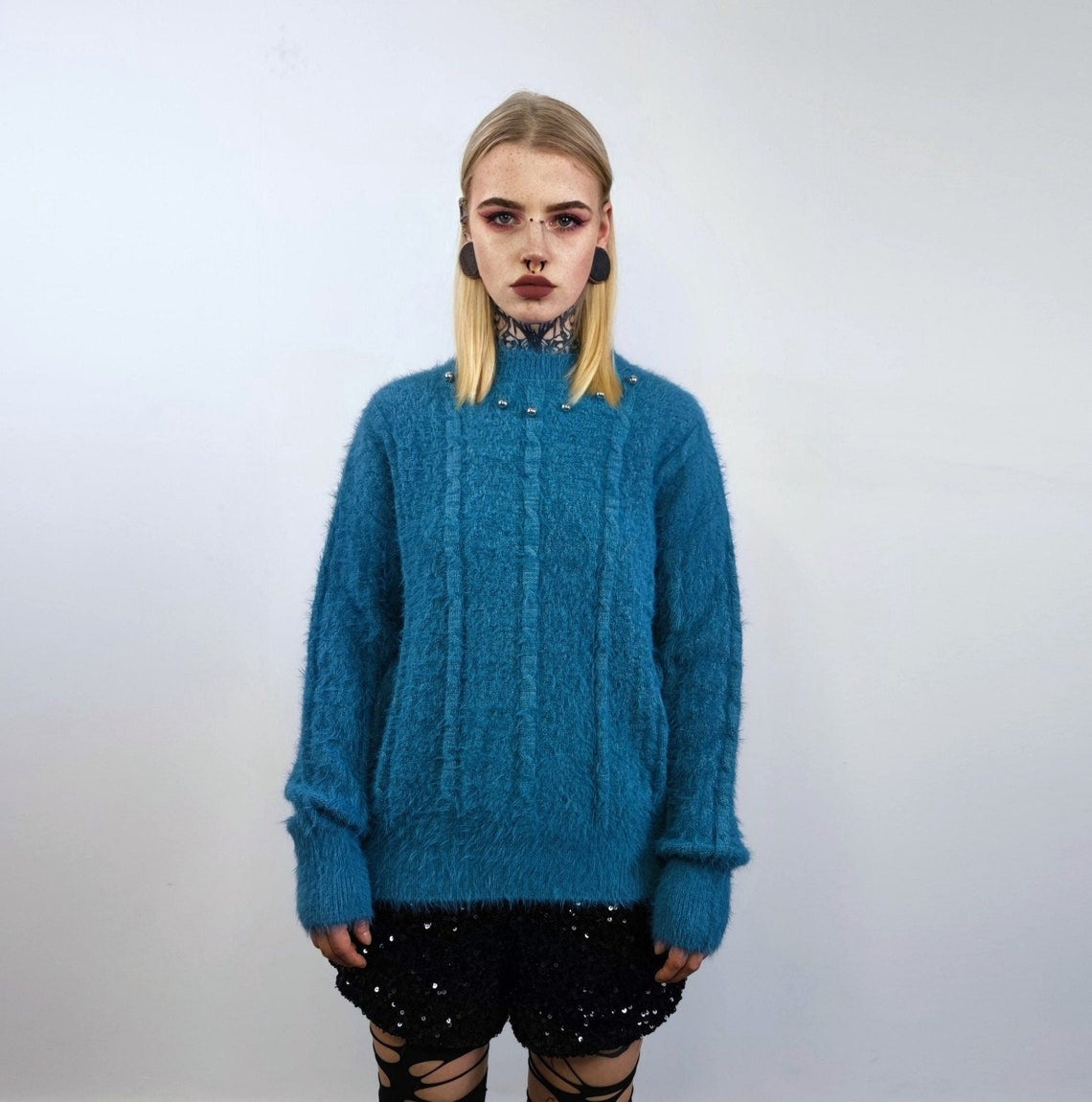 Fluffy blue sweater embellished luxury jumper long hair studded pullover going out top party sweat fancy dress knitted wedding blouse