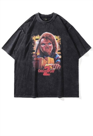 Horror movie print t-shirt old Chucky tee retro top in grey