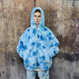 Tie-dye fleece jacket handmade pastel faux fur coat rave jacket premium fluffy 2 in 1 hooded festival bomber detachable puffer in sky blue