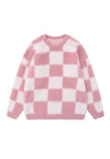 Checkboard sweater fluffy knitted jumper soft check top pink