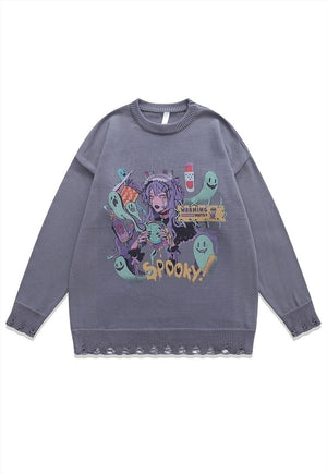 Anime sweater spooky jumper ripped knitted Kawaii top grey