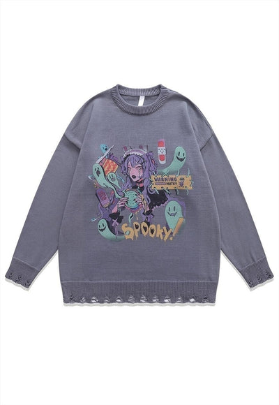 Anime sweater spooky jumper ripped knitted Kawaii top grey