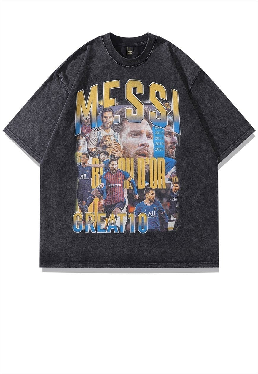 Messi print t-shirt sports tee retro football top in grey