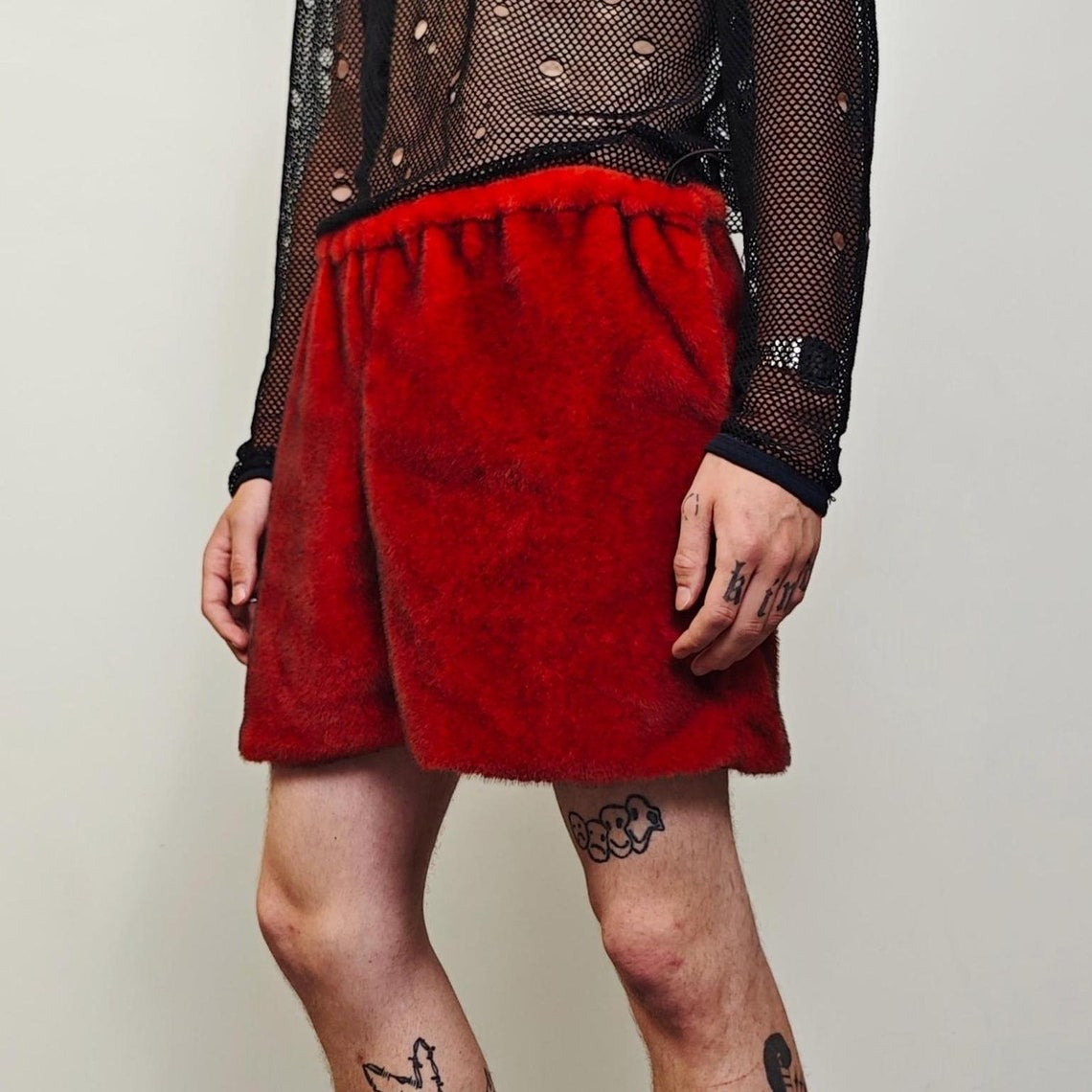 Red faux fur shorts going out party hotpants handmade cropped luxury trousers exclusive joggers festival fleece set