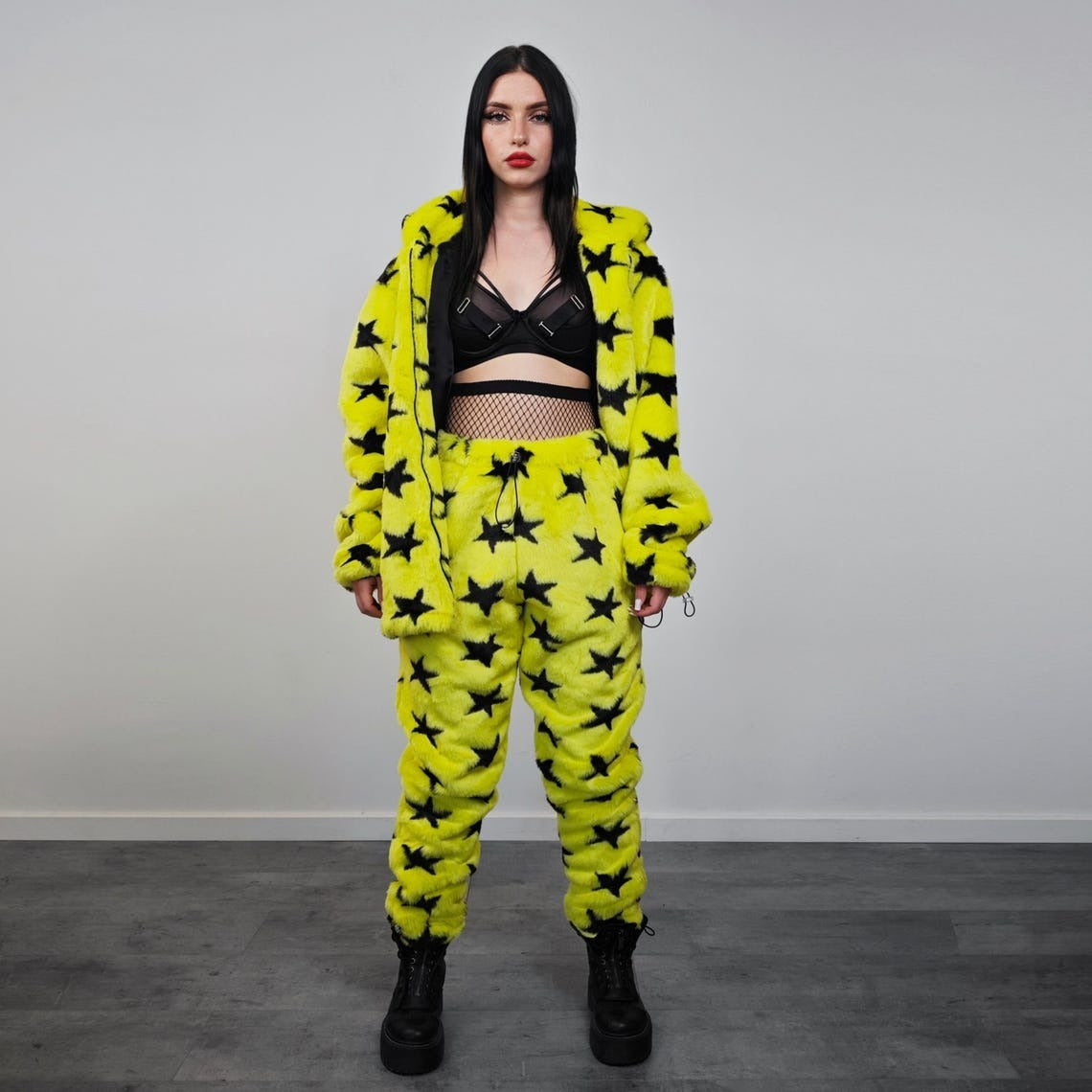 Star print joggers yellow faux fur geometric fleece pants psychedelic trousers handmade raver bottoms festival set