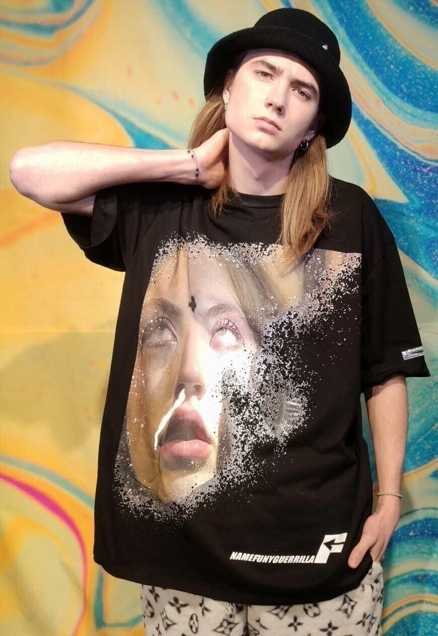 I-girl print tee distressed top paint splatter t-shirt black