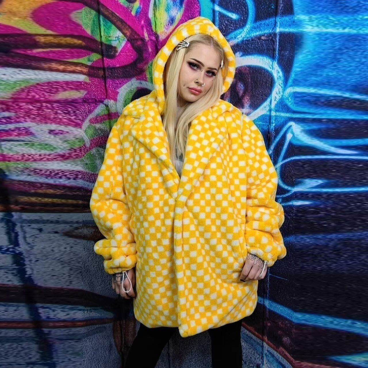 Chequerboard fleece jacket handmade 2 in 1 check coat yellow