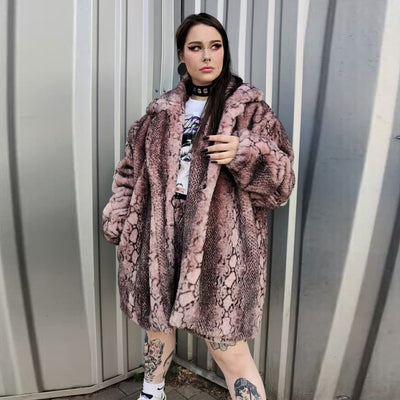 Luxury faux fur snake coat python print bomber handmade detachable fluffy jacket fleece puffer premium grunge trench in pastel pink