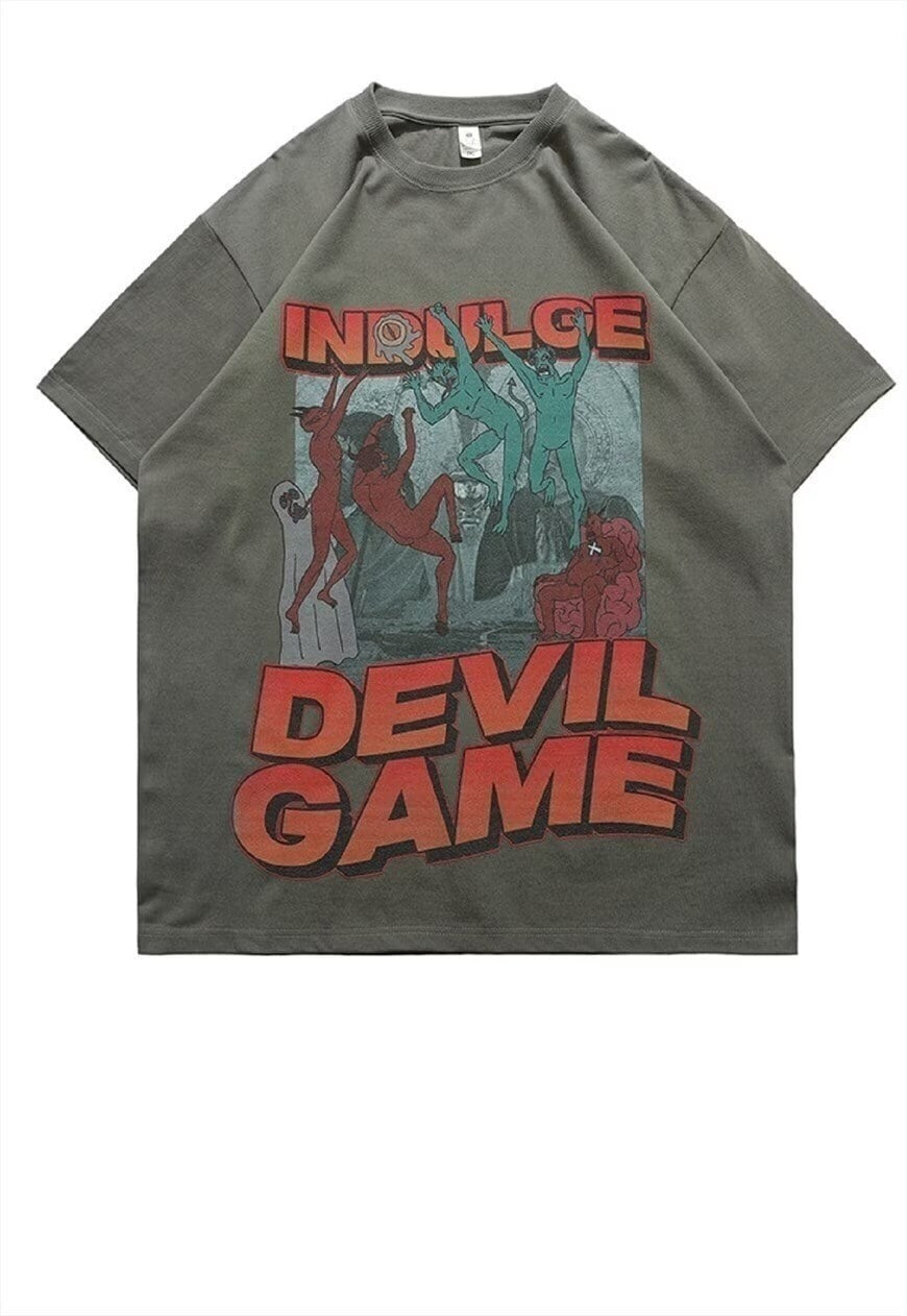 Devil print t-shirt punk tee Gothic game top in grey