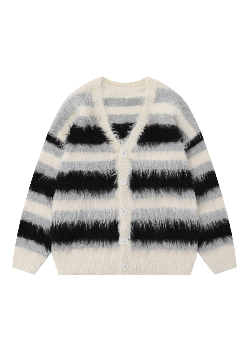Horizontal stripe cardigan knitted jumper fluffy fleece top