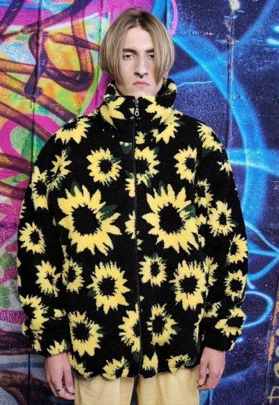 Sunflower fleece bomber handmade daisy floral outdoor jacket